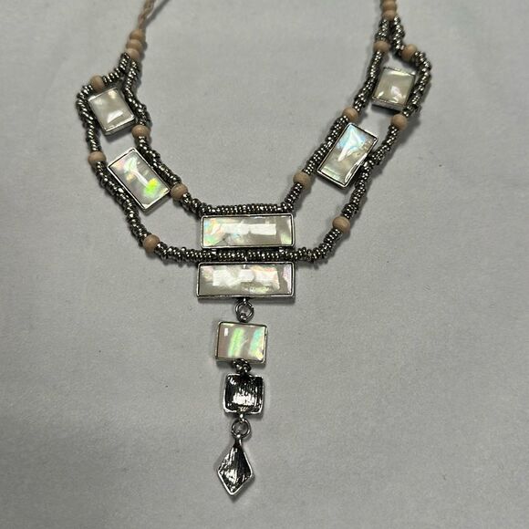 Free People Lately Women's Bib Dangle Necklace Abalone Silver Rope Beaded - Picture 4 of 7